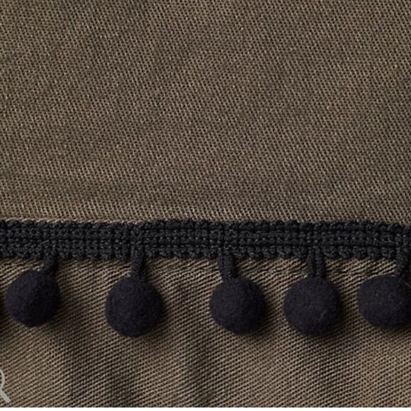 Du Jour Fashions Cropped Twill Olive Bell Sleeve Button Up Jacket w Pom Pom Trim - Picture 8 of 8
